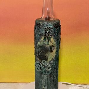 Steampunk Kitty Decorative Bottle with Gears Handcrafted